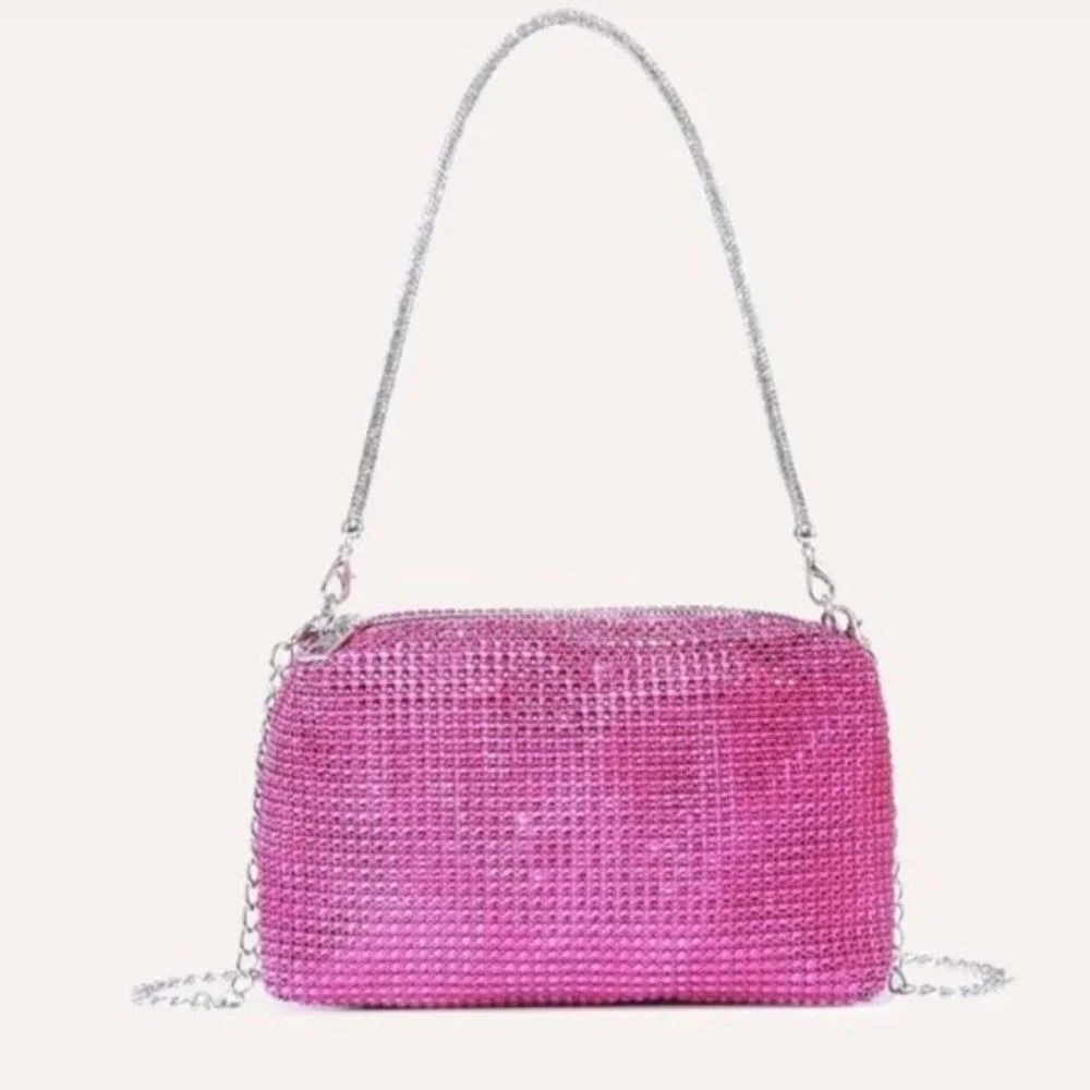 Hot Pink Rhinstone Chain Square Evening Bag - Picture 1 of 5